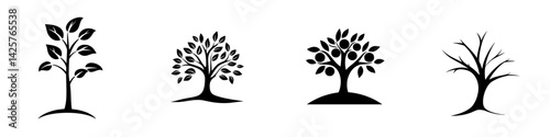 Set of black tree icons depicting different growth stages and leaf variations showcasing nature's beauty and lifecycle