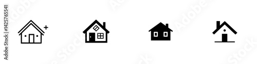 Set of black icons representing different styles of houses in minimalist design for creative projects or digital applications