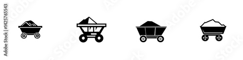 Black icon set featuring various styles of mining carts with loads of materials displayed on a clean background