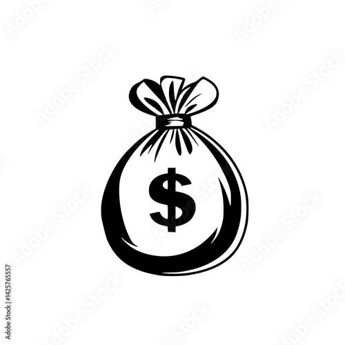 Black icon depicting a money bag with a dollar sign, ideal for finance, savings, or investment concepts in digital design