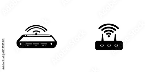 Black icons representing a wireless router and a modem in a simple design setting showing connectivity technology