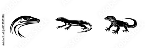 Set of three black icons representing various lizard silhouettes for design and illustration purposes