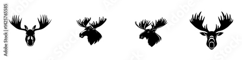 Stylized black icons of moose heads featuring various angles and designs for graphic use or artistic inspiration