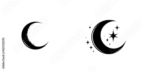Set of black icons featuring crescent moons and stars, suitable for various design and decor applications