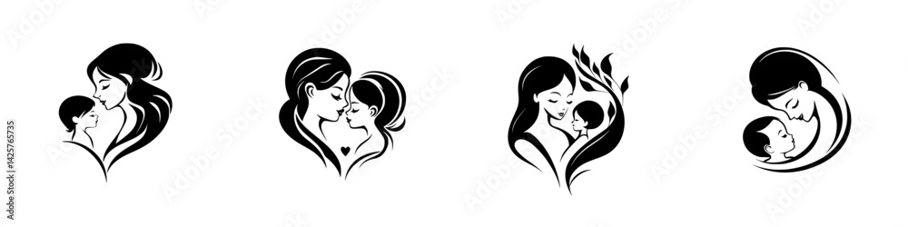 Set of black icons depicting mother and child bonds in various affectionate poses showcasing love and tenderness Set of black icons depicting mother and child bonds in various affectionate poses showcasing love and tenderness