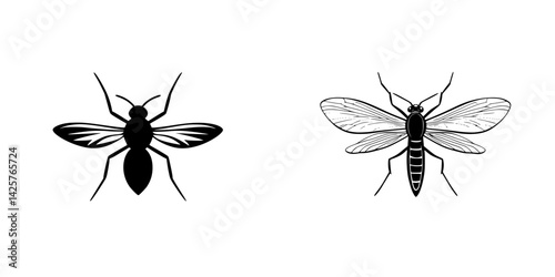Set of black insect icons featuring a simplified mosquito and a detailed fly design suitable for various graphic applications
