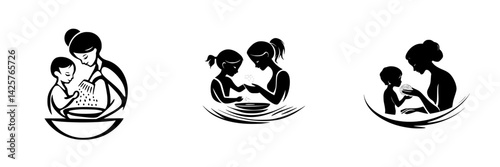 Black icon set depicting mother and child engaging in various cooking and nurturing activities focused on bonding