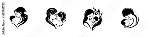Set of black icons depicting mother and child bonds in various affectionate poses showcasing love and tenderness
