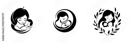 Black icons representing maternal love in various styles, showcasing a mother embracing a child, expressing tenderness and care