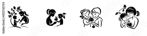 Stylized black icons depicting tender moments between mothers and children in various nurturing activities