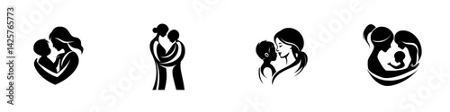 Iconic black illustrations depicting affectionate moments between mothers and children in various styles