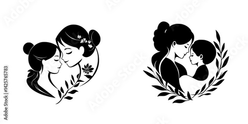 Elegant black icons depicting affection between women, showcasing love and connection with floral elements and strong emotional bonds