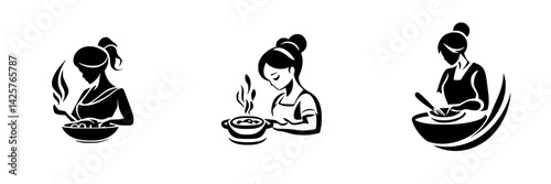 Culinary creativity displayed through black icons of women cooking, combining art and skill in food preparation