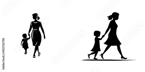 Silhouette of a woman walking with a child in a smooth, flowing motion against a plain background