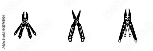 Set of black icons featuring versatile multi-tools for various tasks and activities on a clean background