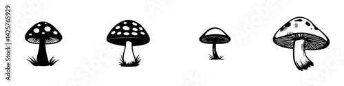 Set of black icons depicting four different mushroom designs, showing varied shapes and styles against a simple white background