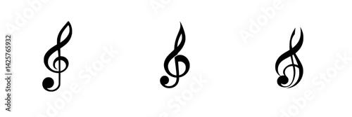 Set of three black musical icons representing different styles of musical notation for design or educational use