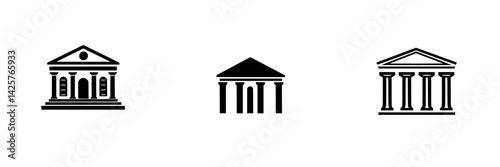Black icon collection showcasing diverse architectural styles of historical buildings with three distinct designs