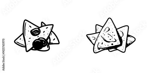 Black icon featuring two bowls of tortilla chips, one with olives and the other with nacho cheese sauce