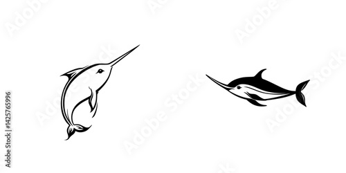 Black icons depicting two stylized swordfish designs showcasing their distinctive elongated snouts and sleek bodies