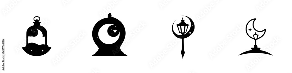 Set of black icons featuring lanterns, moons, and stars for nighttime themes and designs Set of black icons featuring lanterns, moons, and stars for nighttime themes and designs