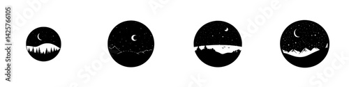 Set of four black icons depicting moonlit landscapes with trees, mountains, and stars