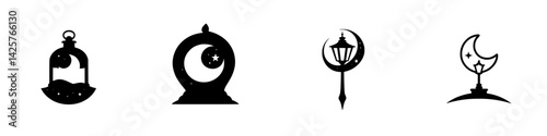 Set of black icons featuring lanterns, moons, and stars for nighttime themes and designs