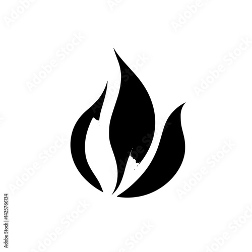 Black flame icon representing energy, passion, and transformation in a minimalist design
