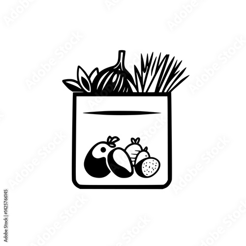 Black icon of a bag filled with assorted vegetables and herbs in a simple, graphic style