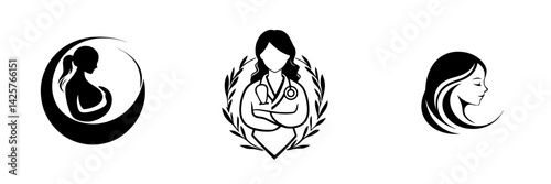 Stylized black icons representing motherhood, healthcare, and femininity in a minimalistic design for visual communication
