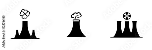 Set of black icons depicting nuclear power plants with smoke, cooling towers, and radioactive symbols in a minimalist design