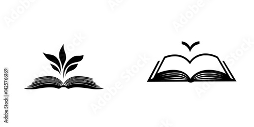 Creative black icons representing books with plant growth and an open page design