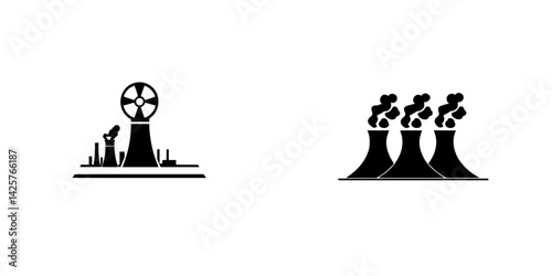 Set of black icons illustrating industrial settings with factories and cooling towers, depicting energy production and environmental impact