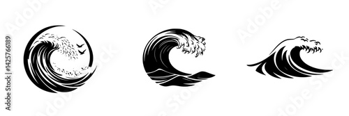 Artistic black icons depicting waves with intricate details and varying shapes, emphasizing nature's powerful elements in a stylized manner