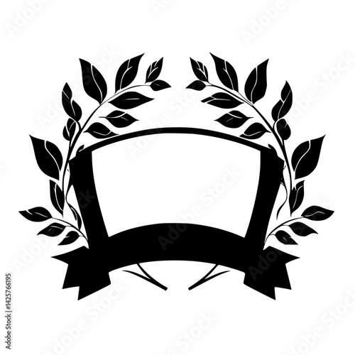 Elegant black icon featuring a decorative laurel wreath with a blank banner for customization, suitable for awards and certificates