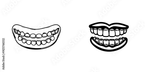 Illustration of black dental icons showcasing different types of teeth arrangements and smiles for educational purposes