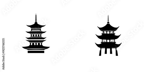 Stylized black icons of traditional pagodas representing Asian architectural design and cultural significance