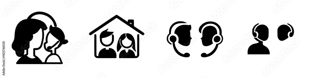 Black icon set depicting various communication styles, support roles, and virtual interactions in different environments Black icon set depicting various communication styles, support roles, and virtual interactions in different environments