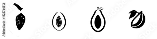 Black icons depicting various tropical fruits including avocado, mango, and ceremonial symbols