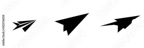 Black icons of paper planes displaying various designs and sizes on a minimalist background