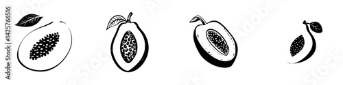 Black icons depicting various stages of papaya fruit illustrating texture and seeds in a simple design