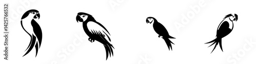 Detailed black icon set featuring different parrot silhouettes of various positions and styles for graphic design purposes