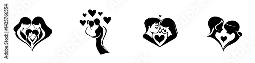 Collection of black icons depicting love and affection between couples in various romantic poses and gestures