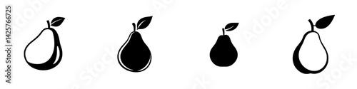 Set of four distinct black icons depicting pears in various styles and orientations