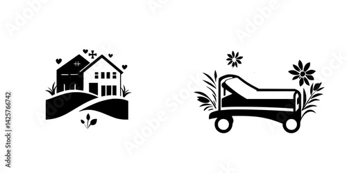 Set of black icons representing home and funeral cart with floral elements for design use