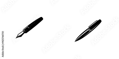 Black icon depicting a fountain pen and a ballpoint pen arranged creatively on a plain white background