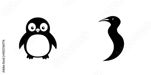 Playful black icons of a penguin and a stylized bird silhouette against a clean background showcase modern design trends