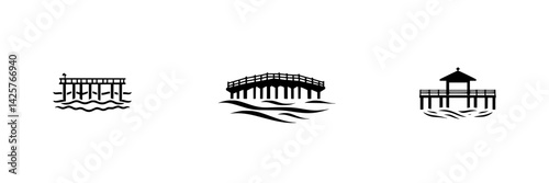 Stylized black icons of piers with varying designs against a white background