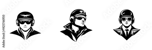 Black icons depicting three styles of pilots in various headgear and sunglasses