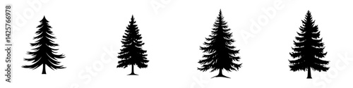 Set of four distinct black pine tree icons showcasing various styles and designs for artistic and graphic use